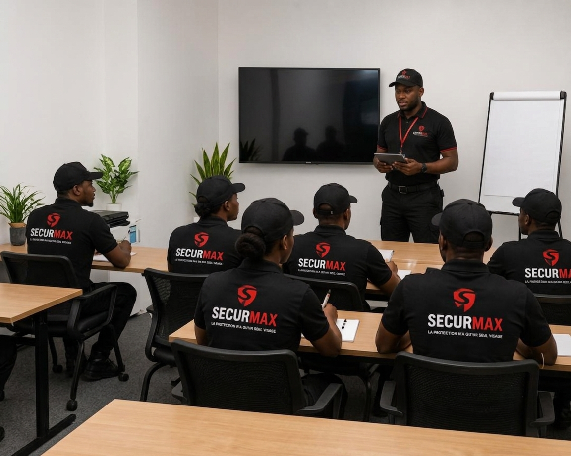 Agents SECURMAX en session de formation dans une salle de cours, encadrés par un formateur